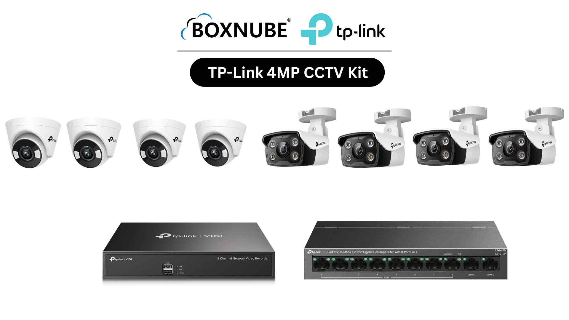TP-Link VIGI 4MP Full HD 2-Way Audio 8 Camera Kit Bundle | 4 x VIGI C340 Bullet, 4 x VIGI C440 Turret, 8 Channel NVR, 8 Port PoE+ Switch TP-Link VIGI 4MP Full HD 2-Way Audio 8 Camera Kit Bundle | 4 x VIGI C340 Bullet, 4 x VIGI C440 Turret, 8 Channel NVR, 8 Port PoE+ Switch